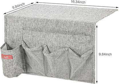 Zafit Linen 5 Pockets Bedside Caddy, Bedside Storage Organizer with Water Bottle Holder for Magazine, Remotes, Phone (Grey)