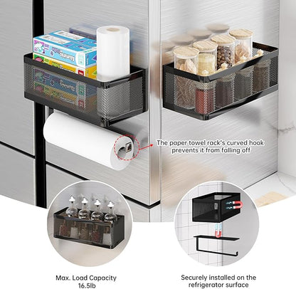 Magnetic Spice Rack for Refrigerator with Magnet Paper Towel Holder, Heavy-Duty Magnetic Shelf for Fridge, 2-in-1 Organization Shelf Sets for Kitchen, Washing Machine & Fridge Side, Black