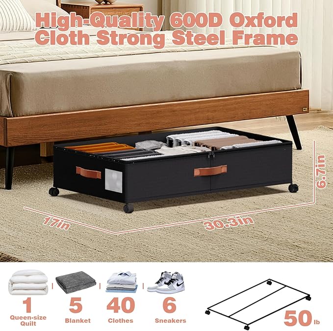 DCET Under Bed Storage with Wheels - Rolling Underbed Containers with PVC Clear Lid & Dividers, 600D Oxford Fabric, PU Leather Handles, Adjustable Magic Tape Partition, XXL 66L,2 Pack (Black)