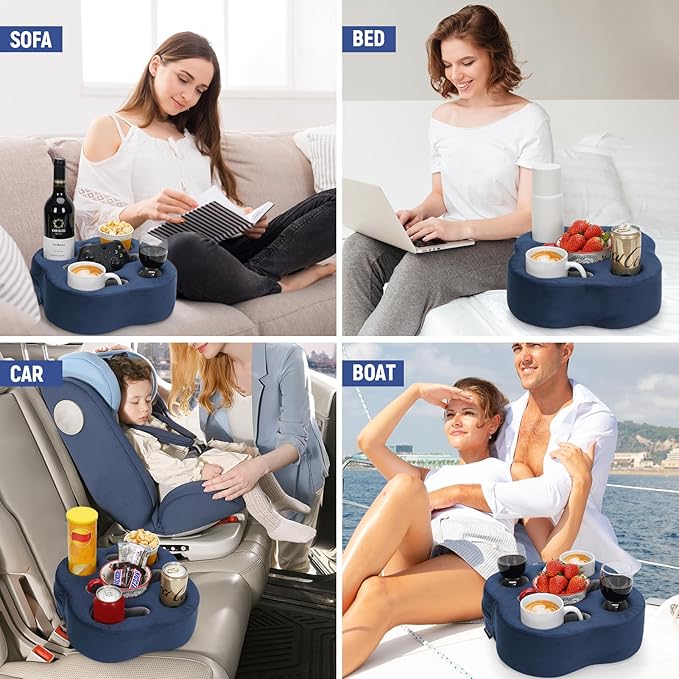 Couch Cup Holder Pillow, Sofa Organizer Caddy Bed Refreshment Tray for Drinks, Remotes, Phones, Snacks (Navy)