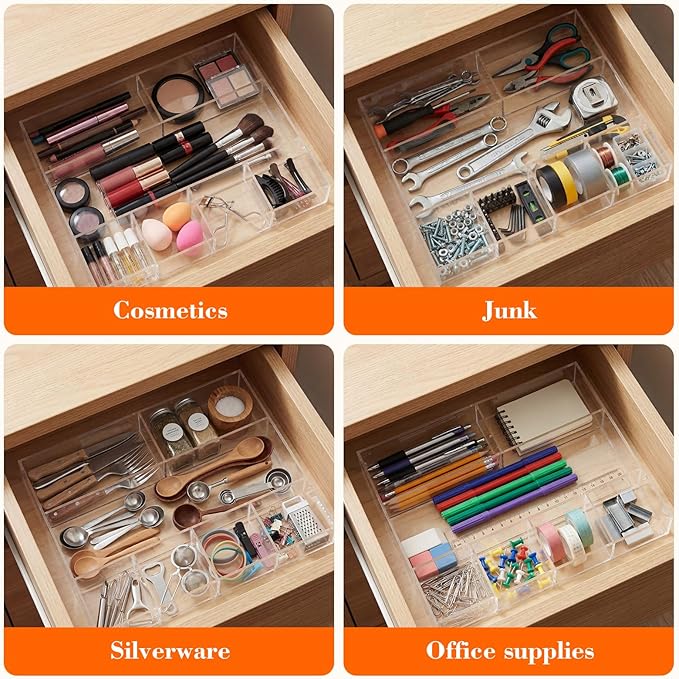 Briwooody Large Acrylic Desk Deep Drawer Organizer with Adjustable Dividers, Anti-Skip Clear Desk Top Organizer Tray for Pens, Desktop, Office, Bathroom, Kitchen, Makeup Supplies(7 Compartments)