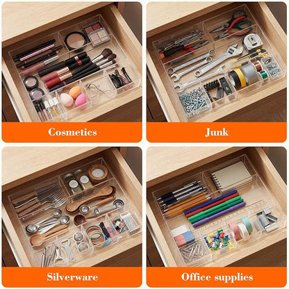 Briwooody Large Acrylic Desk Deep Drawer Organizer with Adjustable Dividers, Anti-Skip Clear Desk Top Organizer Tray for Pens, Desktop, Office, Bathroom, Kitchen, Makeup Supplies(7 Compartments)