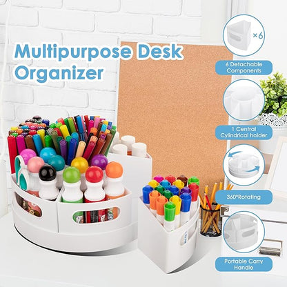 Art Supplies Organizer, Extra Large 360° Rotating Desk Organizer with 7 Removable Compartments, Marker Organizer for Home, Office, and Classroom, Crayon Holder
