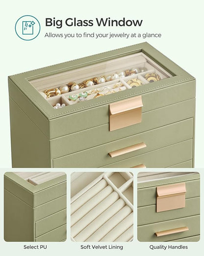 SONGMICS Jewelry Box Organizer with Glass Lid, 4-Layer Jewelry Storage, with 3 Drawers, Modern Style, 6 x 9.9 x 8.5 Inches, Laurel Green and Gold Color UJBC161C02