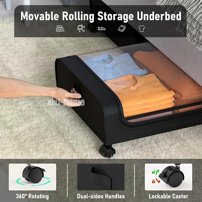 Under Bed Storage with Wheels,2 Pack Rolling Under bed Organizer Drawer with Clear Lids and Handles,UnderBed Storage Containers,Under Bed Organizer Bins for Clothes (Arc-shaped,Black)