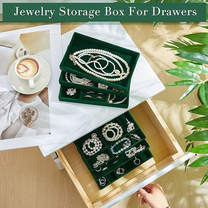 Junkin 18 Pcs Velvet Jewelry Tray Stackable Jewelry Drawer Organizer Jewellery Box Divided Display Tray for Earring Bangle(Dark Green)