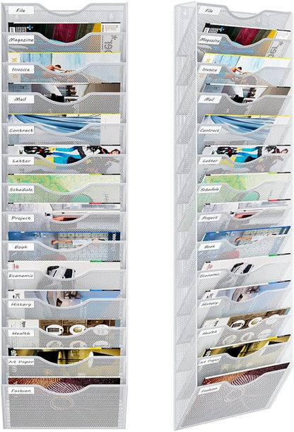14 Pockets Hanging Wall File Organizer, Office Organization Wall Mount Mail Sorter Paper Holder Bill Organizer for Home, White