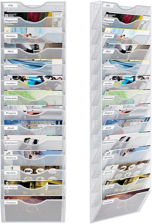14 Pockets Hanging Wall File Organizer, Office Organization Wall Mount Mail Sorter Paper Holder Bill Organizer for Home, White