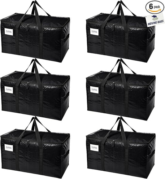 RUGGED RHINO 6 Pack Heavy Duty Extra Large Moving Bags, Durable Bag with Strong Handles and Zipper, Moving Boxes Alternative for College Packing, Holiday Décor, Space Saving Storage with Label, Black