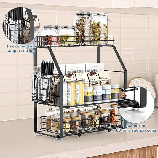Spice Rack Organizer for Cabinet, 3 Tier Black Countertop Organizer Small Spice Rack, Kitchen Spice Shelf Organizer for Cabinet, Pantry, Bathroom, Bedroom, Coffee Station