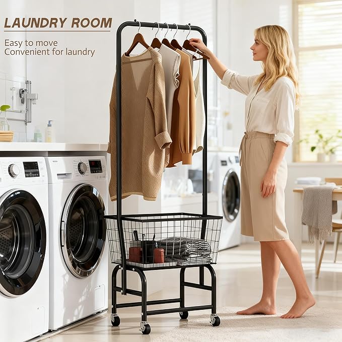 ALIMORDEN Laundry Cart with Clothes Rack, Rolling Laundry Butler with Wire Storage Rack，Black
