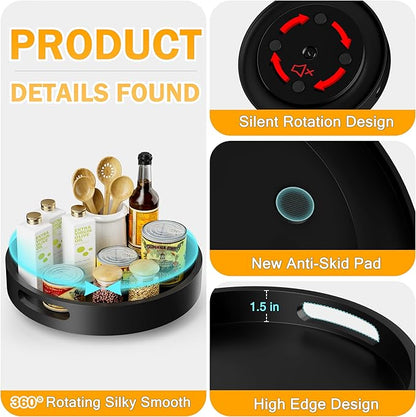 Lazy Susan Organizer Homerays 12 Inch Non-Skid Bamboo Lazy Susan for Kitchen Rotating Spice Rack with Handles, Wood Turntable for Kitchen Cabinet,Countertop (Black, Medium)