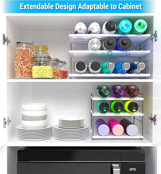 YAN & HIN 2 Packs Extendable Pantry Organizers and Storage, Kitchen Cabinet Organizer, 3-Tier Adjustable Height, Hold 15 Bottles - Water Bottle, tupperware, Fridge, Kitchen countertop Organizer