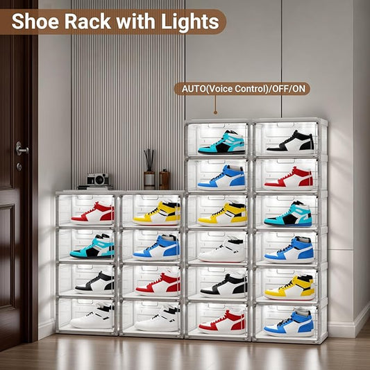 BROVIEW Led Shoe Boxes, Shoe Display Case with Lights, Large Clear Plastic Foldable Shoe Storage Box, Voice Activated Led Shoe Organizer Sneaker Case, Collection Crate, 1 Row 4 Tier White