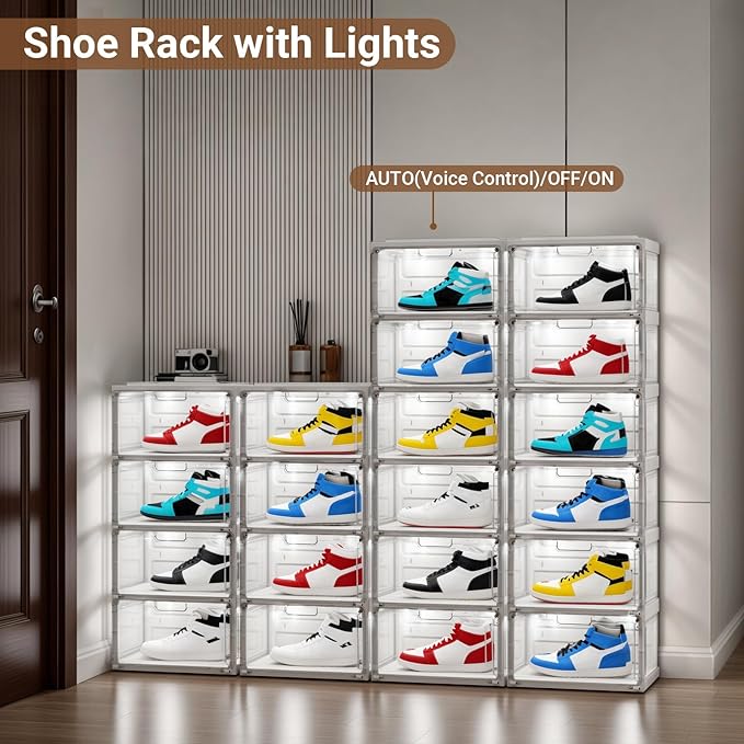 BROVIEW Led Shoe Boxes, Shoe Display Case with Lights, Large Clear Plastic Foldable Shoe Storage Box, Voice Activated Led Shoe Organizer Sneaker Case, Collection Crate, 1 Row 6 Tier White