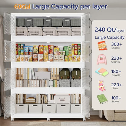 960QT Extra Large Stackable Storage Bins with Lid, 240Gal Plastic Closet Organizers and Storage Drawer, Collapsible Cabinet Box with Wheels Clear Doors for Home Kitchen Office, 4Pack White