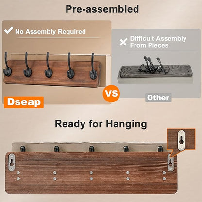 Dseap Coat Rack Wall: Patented, Heavy-Duty, 17.4" Long 5-Double-Hooks Wooden Wall Mounted Coat Rack Coat Hanger Hook Rail for Winter Coats Hat Jacket Clothing, Weathered Brown