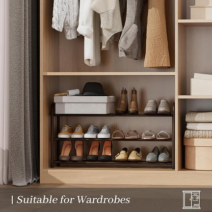 Expandable Shoe Rack, 3-Tier Metal Small Shoe Rack, Adjustable Shoes Organizer, Storage Shelf for Closet, Entryway, Brown