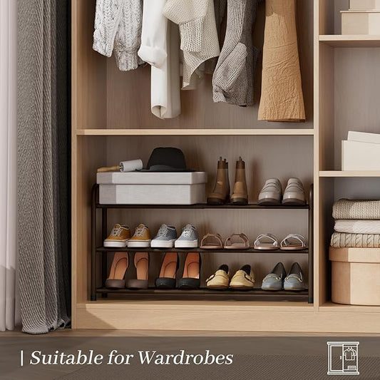 Expandable Shoe Rack, 3-Tier Metal Small Shoe Rack, Adjustable Shoes Organizer, Storage Shelf for Closet, Entryway, Brown