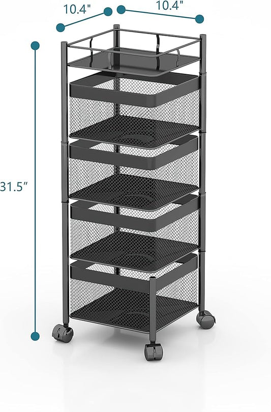Rotating Kitchen Storage Rack，Bathroom Shelf，Kitchen Organization and Storage，Bathroom Storage Organizer，Fruit Basket，Rolling Carts with Wheels(Black, 4 Tier-Square)