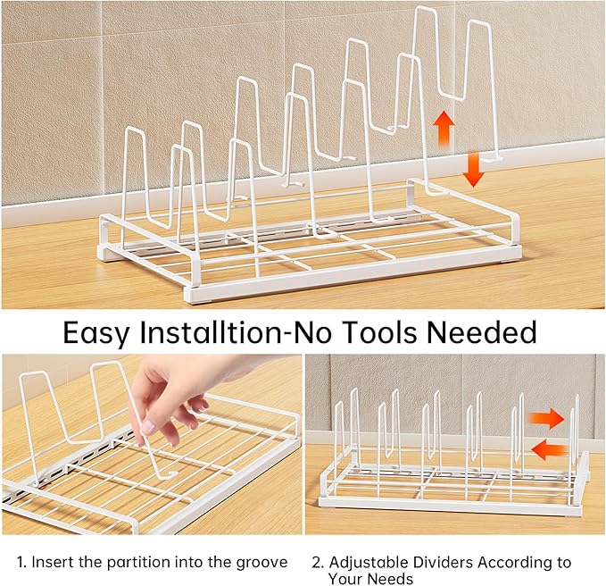 ZDDLOINP Food Container Lid Organizer for Cabinet,with 6 Adjustable Dividers Detachable,Metal Pot Lid Organizer Rack Storage Plastic Lids Pots Bakeware for Cabinets, Cupboards,Pantry, Drawers (White)
