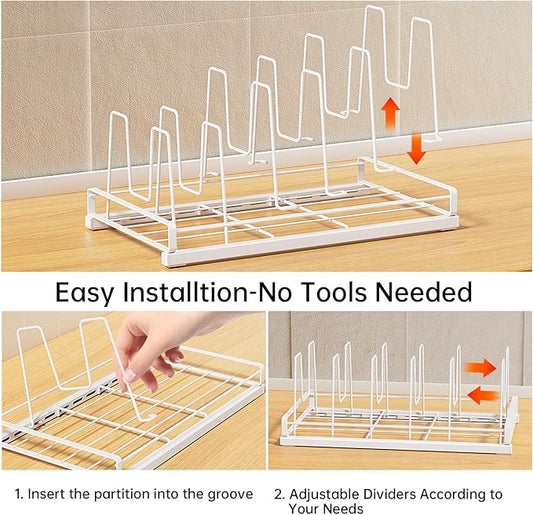 ZDDLOINP Food Container Lid Organizer for Cabinet,with 6 Adjustable Dividers Detachable,Metal Pot Lid Organizer Rack Storage Plastic Lids Pots Bakeware for Cabinets, Cupboards,Pantry, Drawers (White)