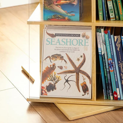 EdQ Rotating Big Book Display – Natural: 3-Tier Wooden Bookshelf for Kids' Room with Acrylic Sides | 360° Spinning Bookcase with Multi-Size Shelves for Home and Classroom Storage & Organization