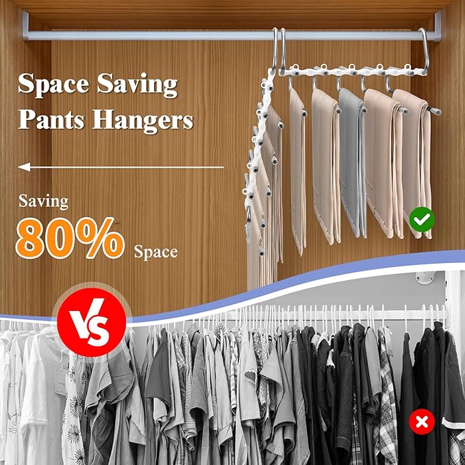 SAN LIKE 2 Pack 5 Layers Pants Hangers Space-Saving Stainless Steel Closet Hangers 20pcs Fixed Clips Non-Slip Multi-Functional Pants Rack Two Hanging Modes for Trousers Jeans Leggings Scarf Skirts