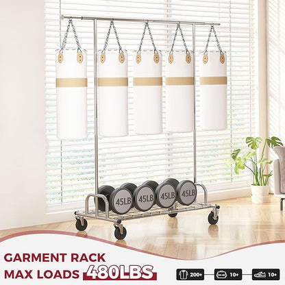 Heavy Duty Clothes Rack Load 480 LBS Rolling Clothes Racks on Wheels,Commercial Collapsible & Portable Metal Garment Rack for Hanging Clothes