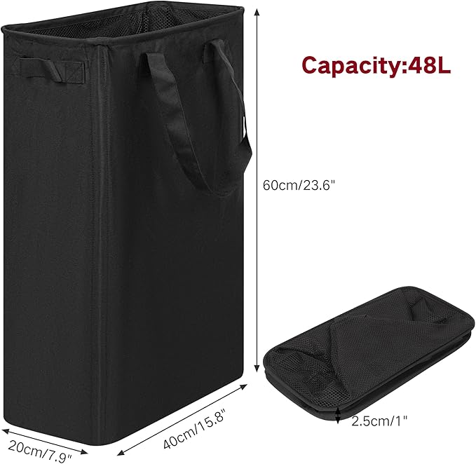 efluky Slim Laundry Basket, Narrow Laundry Hamper with Handles, Collapsible Dirty Clothes Hamper, Tall Laundry Bin for Laundry Room, Dorm and Bedroom, 12.7 Gallons(48L) Black (Pack of 2)