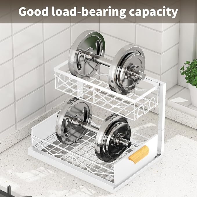 Under Sink Organizer - 2 Tier Pull Out Cabinet Organizer with Sliding Drawers, Adjustable Metal Storage Shelf for Kitchen & Bathroom, Space Saving Storage Solution (White, 1-Pack)