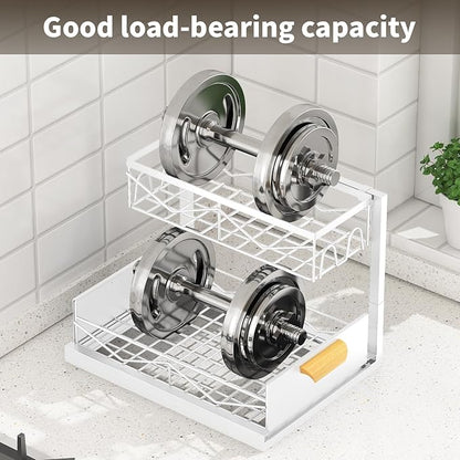 Under Sink Organizer - 2 Tier Pull Out Cabinet Organizer with Sliding Drawers, Adjustable Metal Storage Shelf for Kitchen & Bathroom, Space Saving Storage Solution (White, 1-Pack)