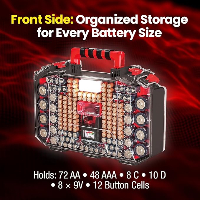 Battery Daddy Storage & Organizer Case w/Light and Tester, Stores & Protects Over 200 Batteries, Double-Sided, Clear Locking Lid, Secure Latches & Portable Handle- Black (Batteries Not Included)