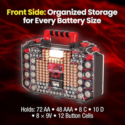 Battery Daddy Storage & Organizer Case w/Light and Tester, Stores & Protects Over 200 Batteries, Double-Sided, Clear Locking Lid, Secure Latches & Portable Handle- Black (Batteries Not Included)