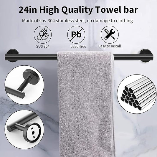 Newfun 10Pcs Matte Black Bathroom Hardware Set - Includes 24&18inch Towel Bar, Robe Hook, Toilet Paper Holder, 2 Pack 5 Piece Bathroom Accessories Set Stainless Steel Wall Mounted