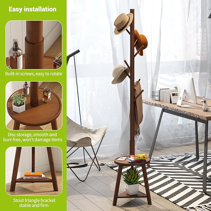 BMOSU Coat Rack freestanding Stand with 2 Shelves Bamboo Wooden Coat Tree Easy Assembly 8 Hooks Standing Jackets Hanger Hallway Office Floor Coat Stand Brown