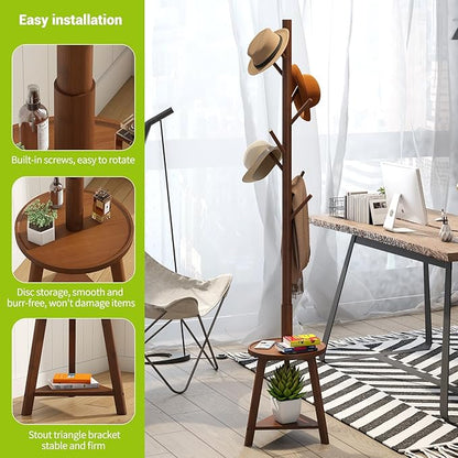 BMOSU Coat Rack freestanding Stand with 2 Shelves Bamboo Wooden Coat Tree Easy Assembly 8 Hooks Standing Jackets Hanger Hallway Office Floor Coat Stand Brown