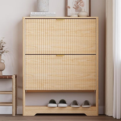Shoe Cabinet with 2 Flip Drawers, Fluted Shoe Storage Cabinet with Adjustable Shelves, Freestanding Rack and Organizer for Entryway, Hallway