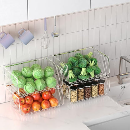 Wire Storage Baskets Stackable Large Metal Storage Organization, Pantry Storage Organizing Household Wire Baskets with Handles for Kitchen, Pantry, Bathroom, Cabinets, Bedrooms, Set of 2