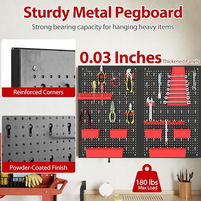 Tool Pegboard Organizer, 4 FT Metal Pegboard Wall with Hooks, Storage Bins & Tool Holders, Peg Board Kit Garage Storage System for Workbench Shed, Craft Room & Workshop (Black+Red)