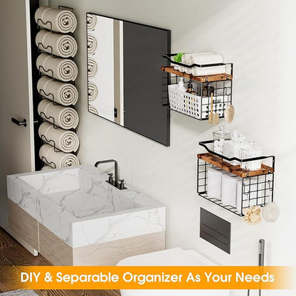 Towel Racks for Bathroom,Towel Rack Wall Mounted, 6 Tier Rolled Or Folded Towel Holder with Floating Shelves, Bathroom Towel Holder for Bath, Hand Towels,Metal and Wood