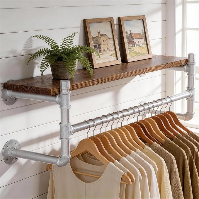 WEBI Wall Mounted Clothes Rack with Shelf,36" Industrial Pipe Clothing Rack with Shelf with Hanging Rod,Heavy Duty Iron Garment Rack Bar,Retail Display Clothes Rod for Laundry Room,Closet,Silver