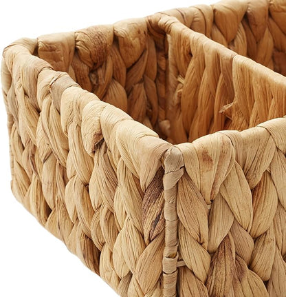 Casafield Set of 2 Water Hyacinth Basket Organizers with 4 Sections, Natural - Woven Storage Bins for Bathroom, Laundry, Pantry, Office, Shelves