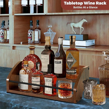 Rustic Wooden Countertop Organizer Brown - Liquor Bottle Display Shelf, Coffee Syrup Rack, Mini bar, Liquor Cabinet, Home Retro Bar Shelf Stand for Liquor Whiskey, Spirits