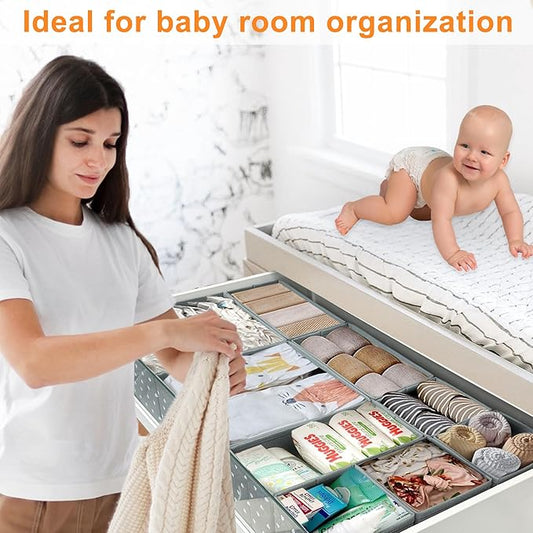 Fabric Drawer Organizer Bins for Nursery – 12 Pack Clothe Drawer Dividers for Baby Dresser, Grey Heart Pattern Storage Boxes for Clothes, Diapers & Accessories