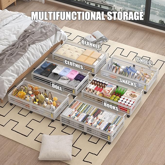 Bamboonova Bamboo Underbed Storage Containers with Wheels & Bag 2 Pack, Large Under Bed Rolling Storage Bins Wood Under Bed Clothes Storage Stackable Drawers for Bedroom Closet Under Crib Toy(White)