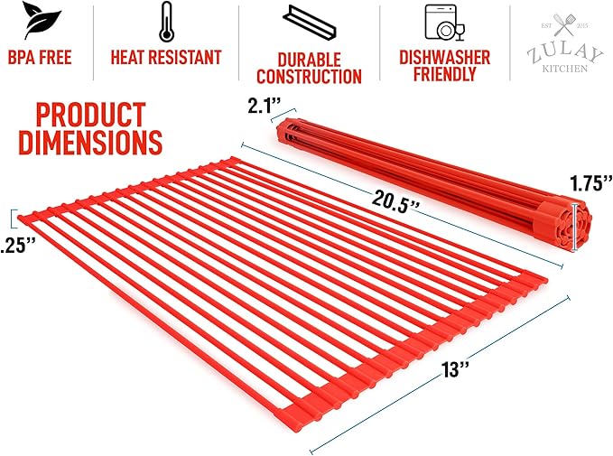 Zulay Kitchen Large Roll Up Dish Drying Rack - Heavy Duty Silicone Wrapped Steel Rods Over Sink Dish Drying Rack - Versatile Roll Up Sink Drying Rack & Trivet - Red,20.5 inches x 13 inches