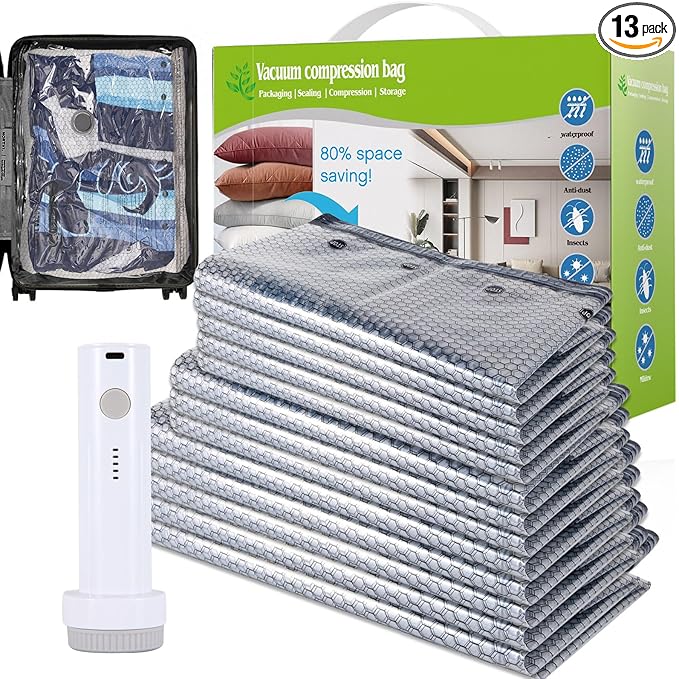 13 Pack Vacuum Seal Bags for Clothing Travel with Electric Pump, Space Saver Vacuum Storage Bags Sealed, Compression Packing Bags for Luggage, Blankets Clothes, Comforter (2 Jumbo+3 L+3 M+5 S)