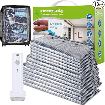 13 Pack Vacuum Seal Bags for Clothing Travel with Electric Pump, Space Saver Vacuum Storage Bags Sealed, Compression Packing Bags for Luggage, Blankets Clothes, Comforter (2 Jumbo+3 L+3 M+5 S)