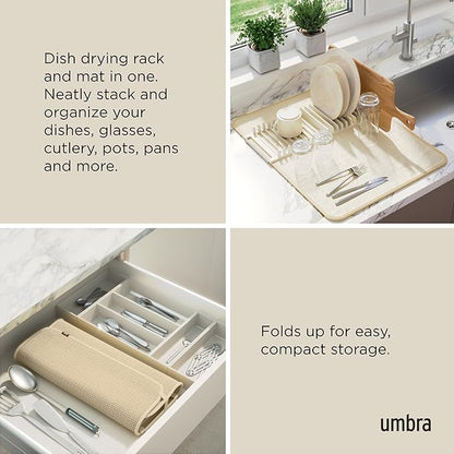 Umbra 330720-354 UDRY Rack and Microfiber Dish Drying Mat-Space-Saving Lightweight Design Folds Up for Easy Storage, Standard, Linen